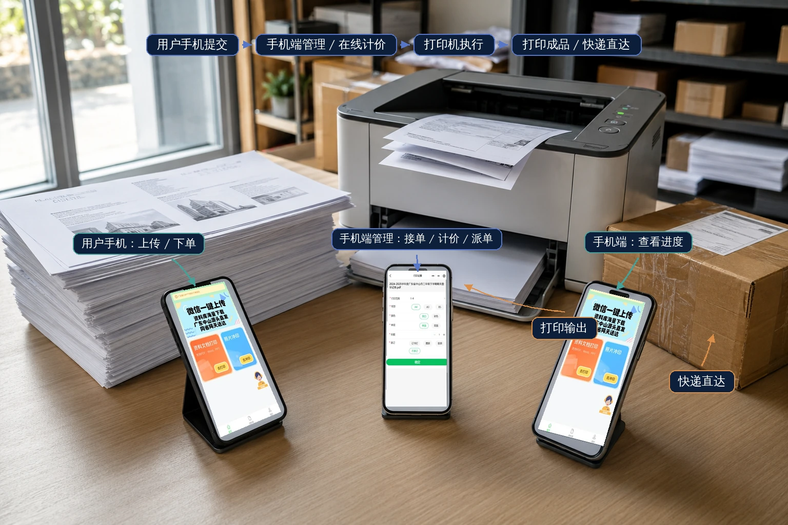云打印系统纯手机端业务场景:用户手机提交、手机端管理与在线计价、打印机输出和快递包裹直达